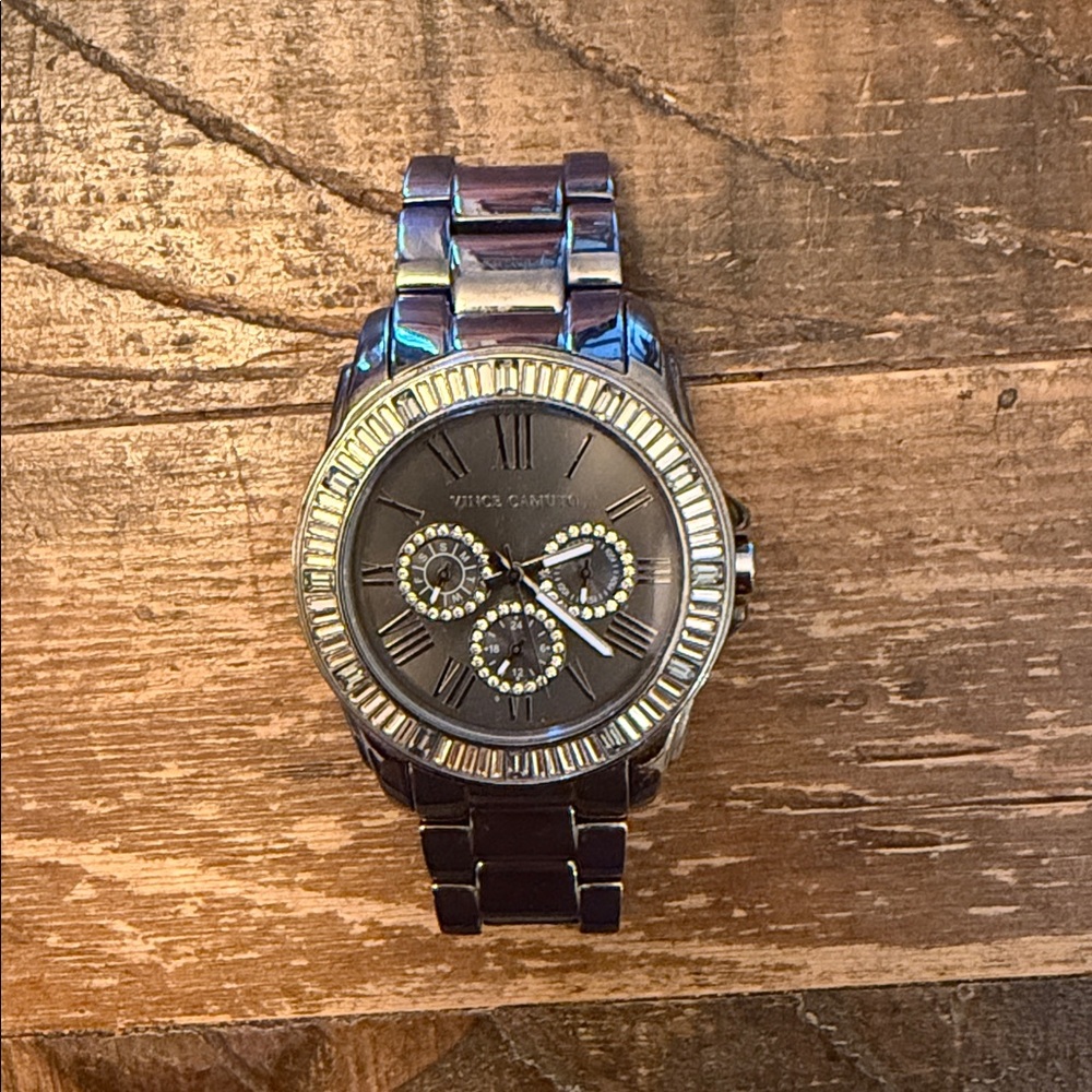 Geneva Platinum Silver and Black Chronograph Watch